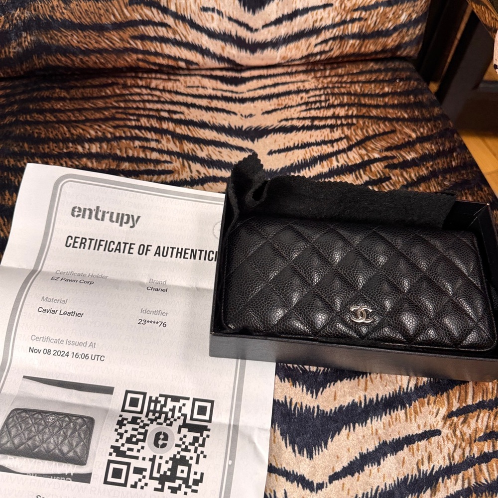 Chanel Black Caviar Quilted Zipped Long Wallet with Certificate of Authenticity
